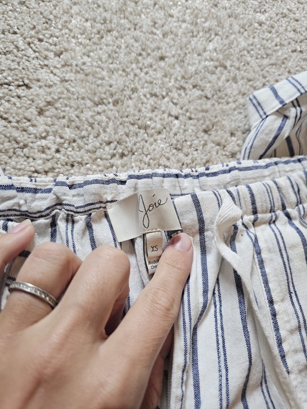 Joie Striped Drawstring Linen-Blend Pants - White & Navy - Picture 3 of 7